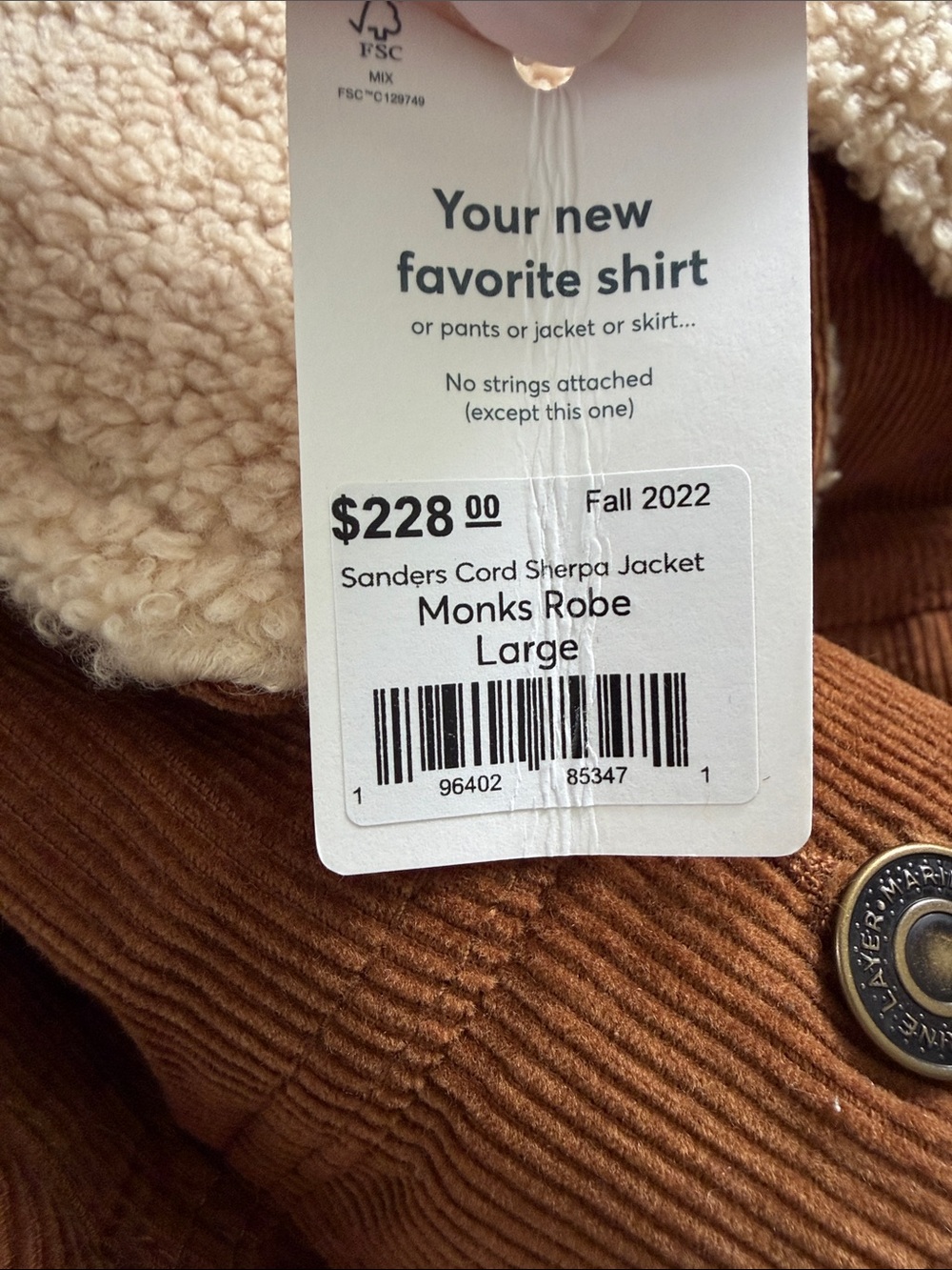 Marine Layer Brown Corduroy Bomber Jacket with Cream Sherpa Collar - Picture 3 of 3